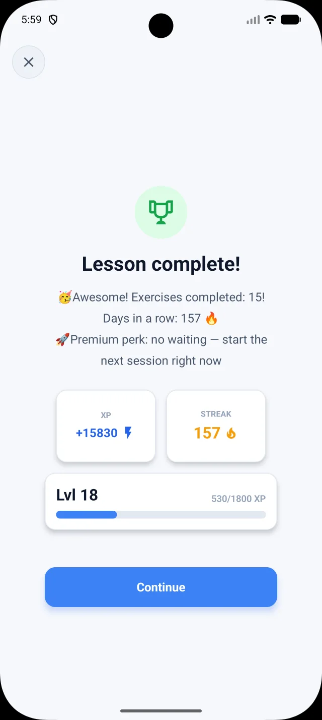 Real DuoNiche lesson complete screen with XP, streak, and level progress.