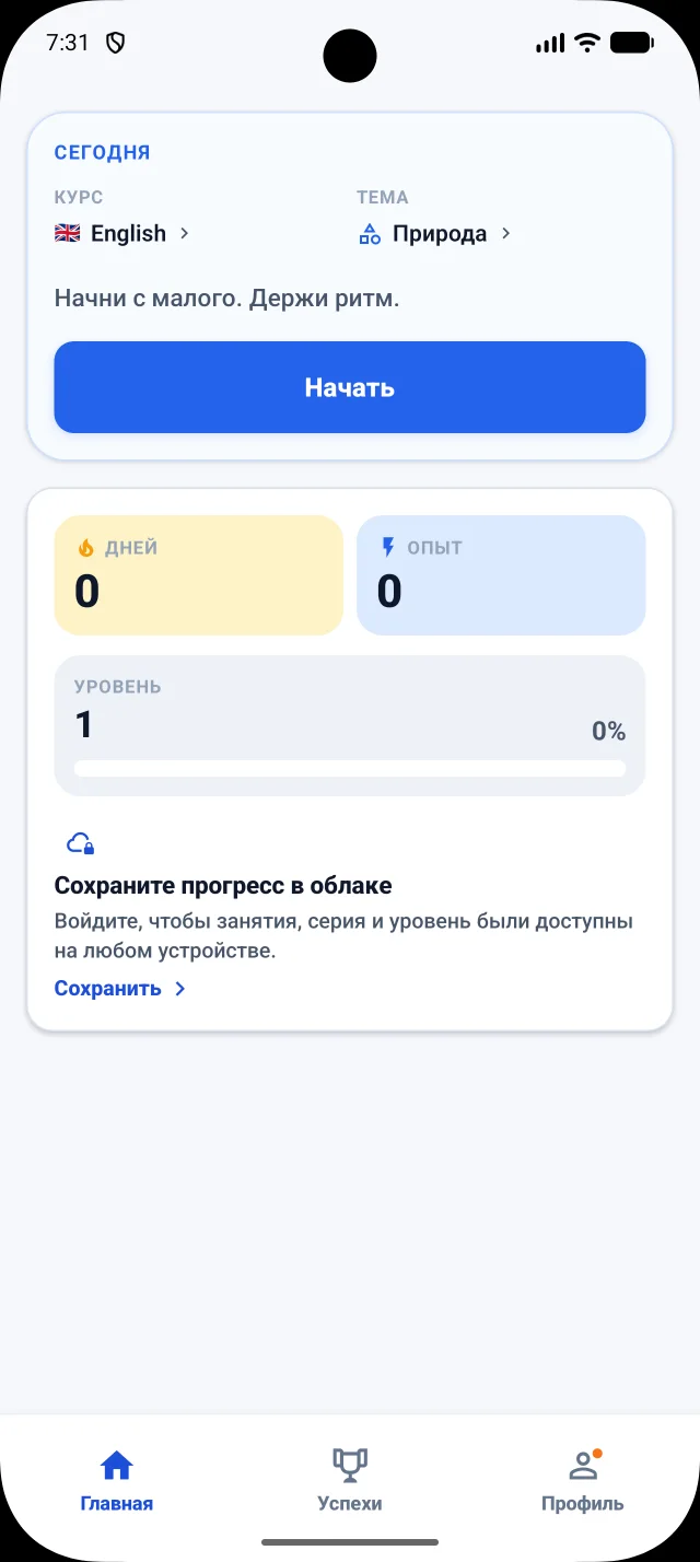 Реальный главный экран DuoNiche на русском интерфейсе с кнопкой Начать и прогрессом, показан как пример продукта.