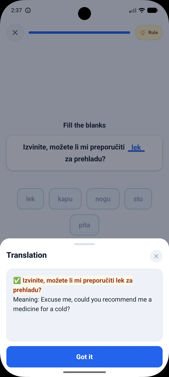 Real DuoNiche translation sheet in English opened inside a Serbian learning session.