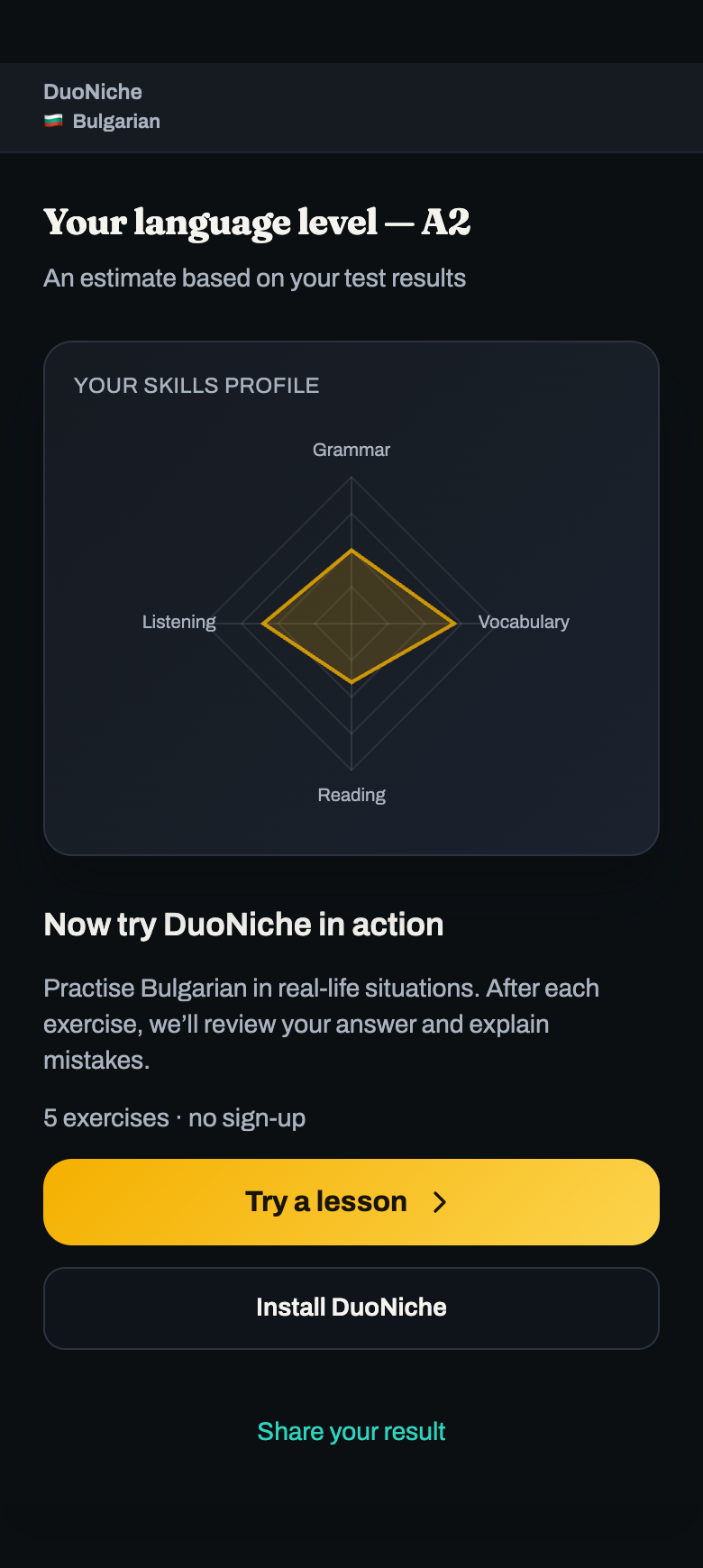DuoNiche test result: A2 level, skills profile, and an invitation to try a lesson