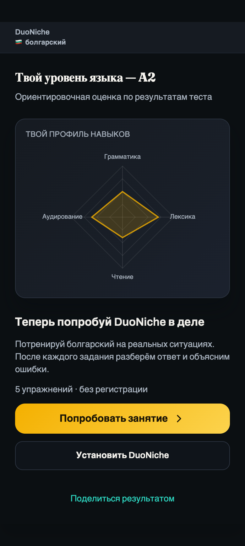 Результат теста DuoNiche: уровень A2, профиль навыков и приглашение попробовать занятие