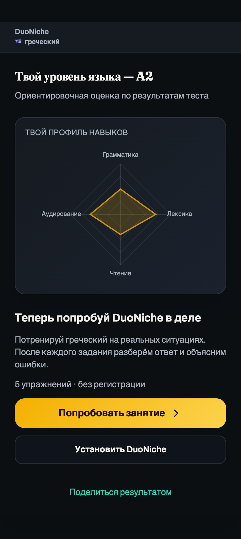 Результат теста DuoNiche: уровень A2, профиль навыков и приглашение попробовать занятие