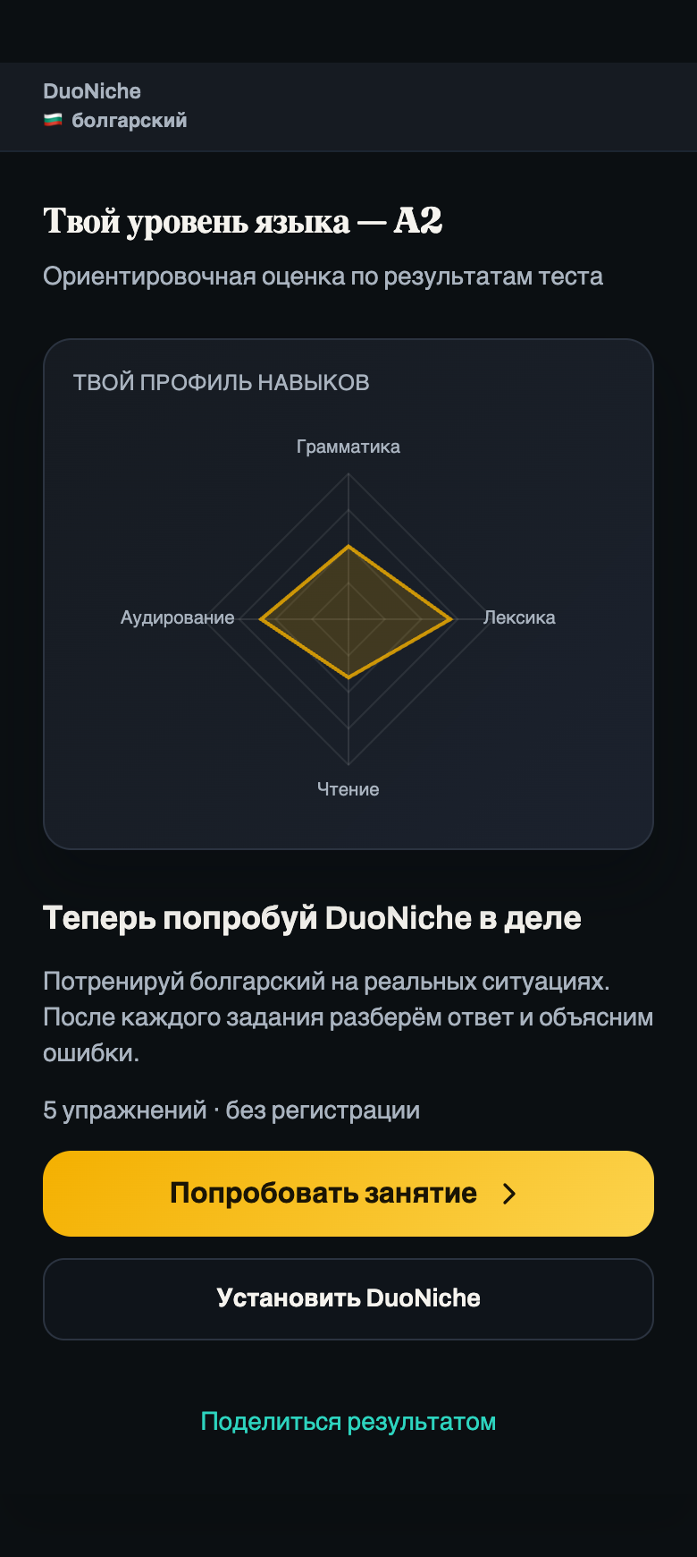 Результат теста DuoNiche: уровень A2, профиль навыков и приглашение попробовать занятие