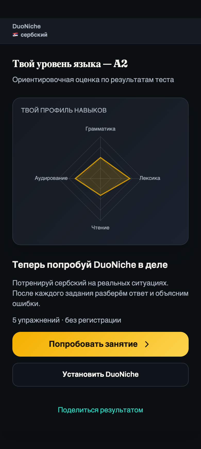 Результат теста DuoNiche: уровень A2, профиль навыков и приглашение попробовать занятие